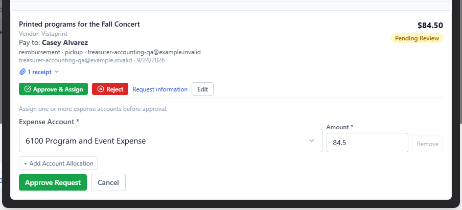 Screenshot: Needs Action tab with a pending request card expanded to show the allocation editor