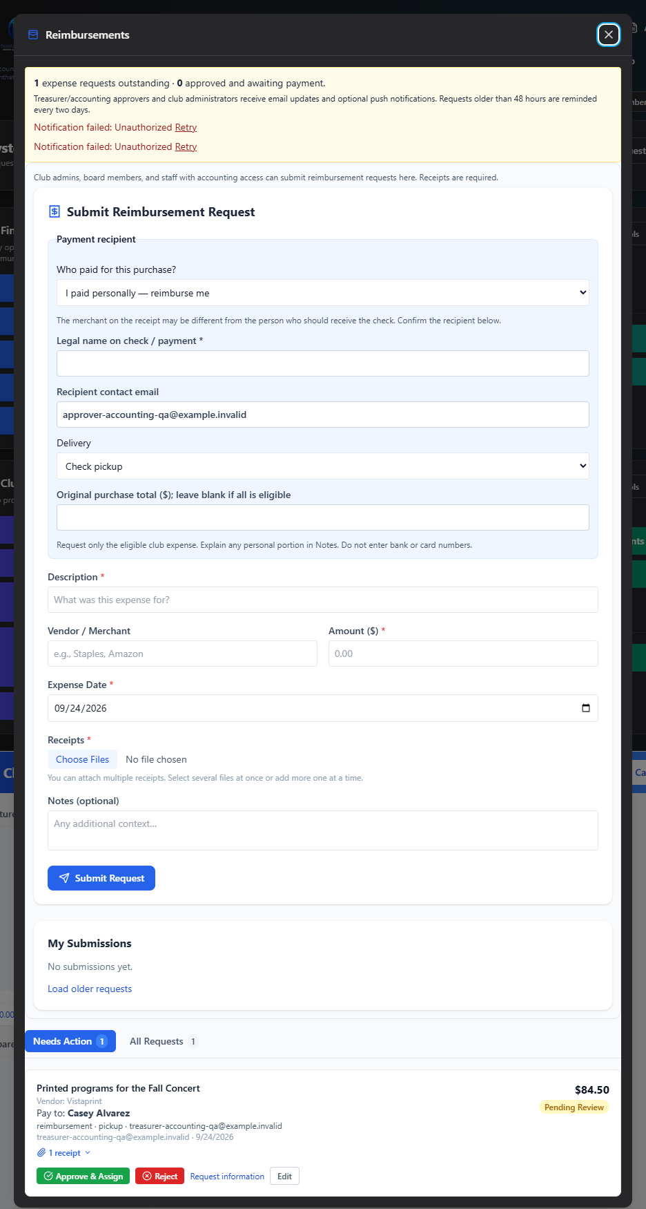 Screenshot: Reimbursements modal with the submission form and the Needs Action queue both visible