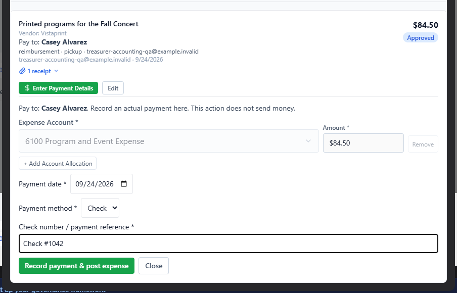Screenshot: Enter Payment Details form with the locked allocation, payment date, method, and reference filled in