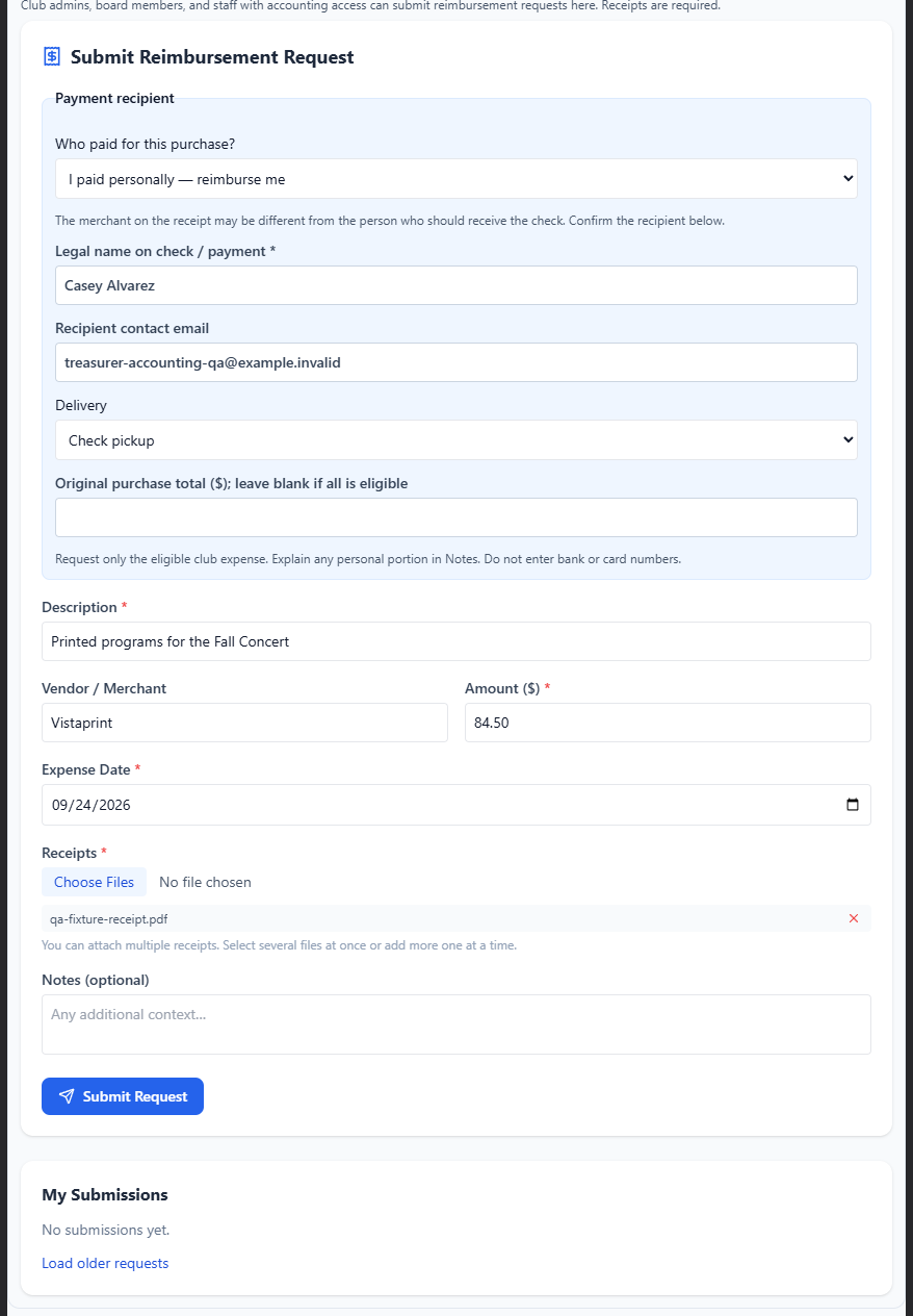 Screenshot: Submit Reimbursement Request form with payment recipient, description, amount, and receipts fields