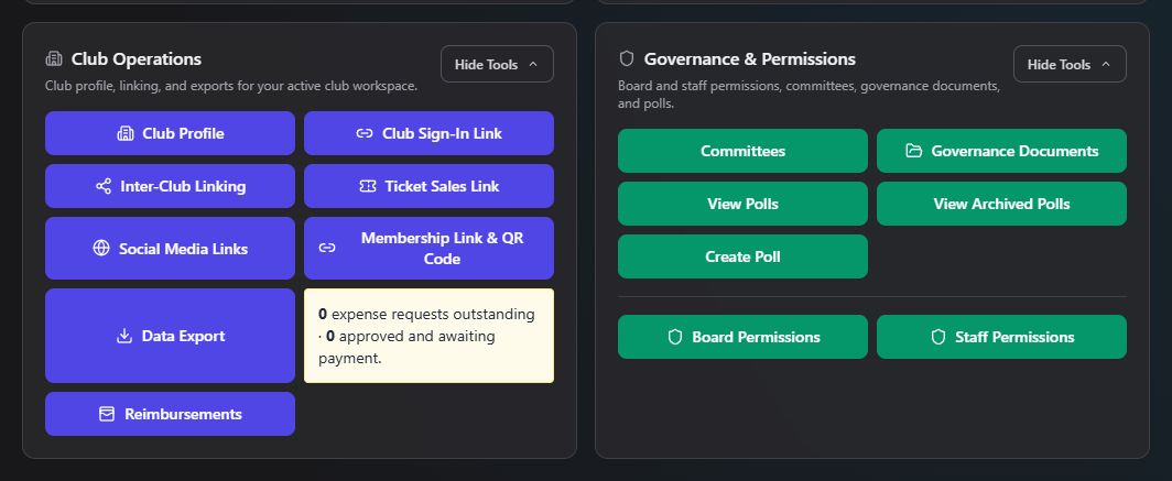 Screenshot: Club Operations card open, showing all its buttons