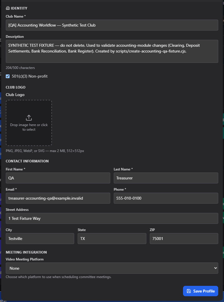 Screenshot: Club Profile form with Identity, Club Logo, and Contact Information sections