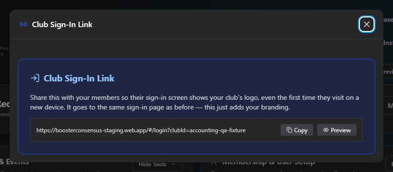 Screenshot: Club Sign-In Link card with the URL, Copy, and Preview buttons