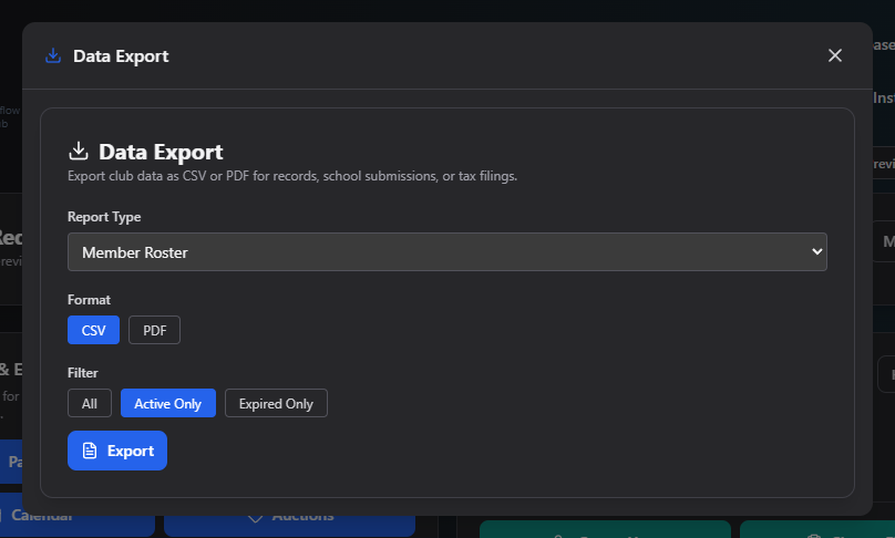 Screenshot: Data Export form with report type, format, and filter options