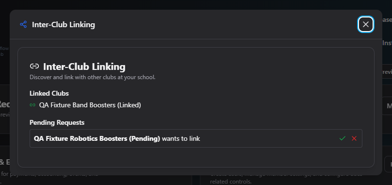 Screenshot: Inter-Club Linking card showing a linked club and an incoming pending request