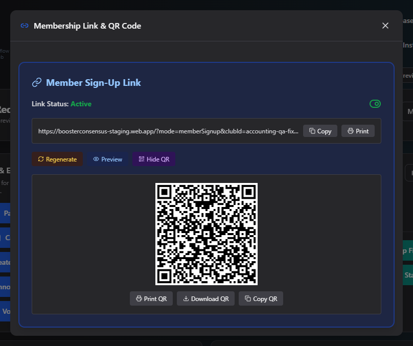 Screenshot: Membership Link card with an active link, Copy/Print buttons, and the QR code shown