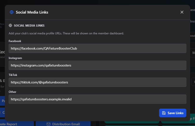 Screenshot: Social Media Links form with Facebook, Instagram, TikTok, and Other fields filled in