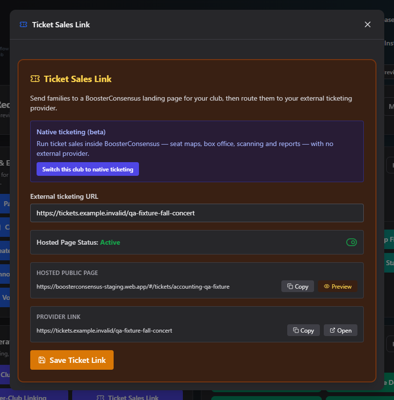 Screenshot: Ticket Sales Link card with the provider URL, hosted page status toggle, and native-ticketing callout