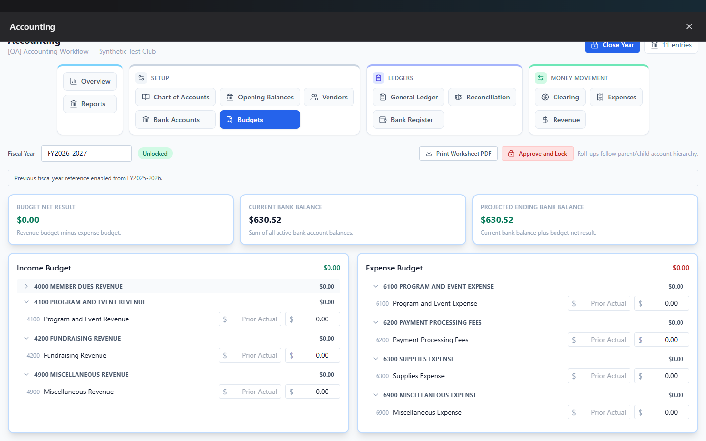 Screenshot: Budgets tab with income and expense sections and the lock status badge