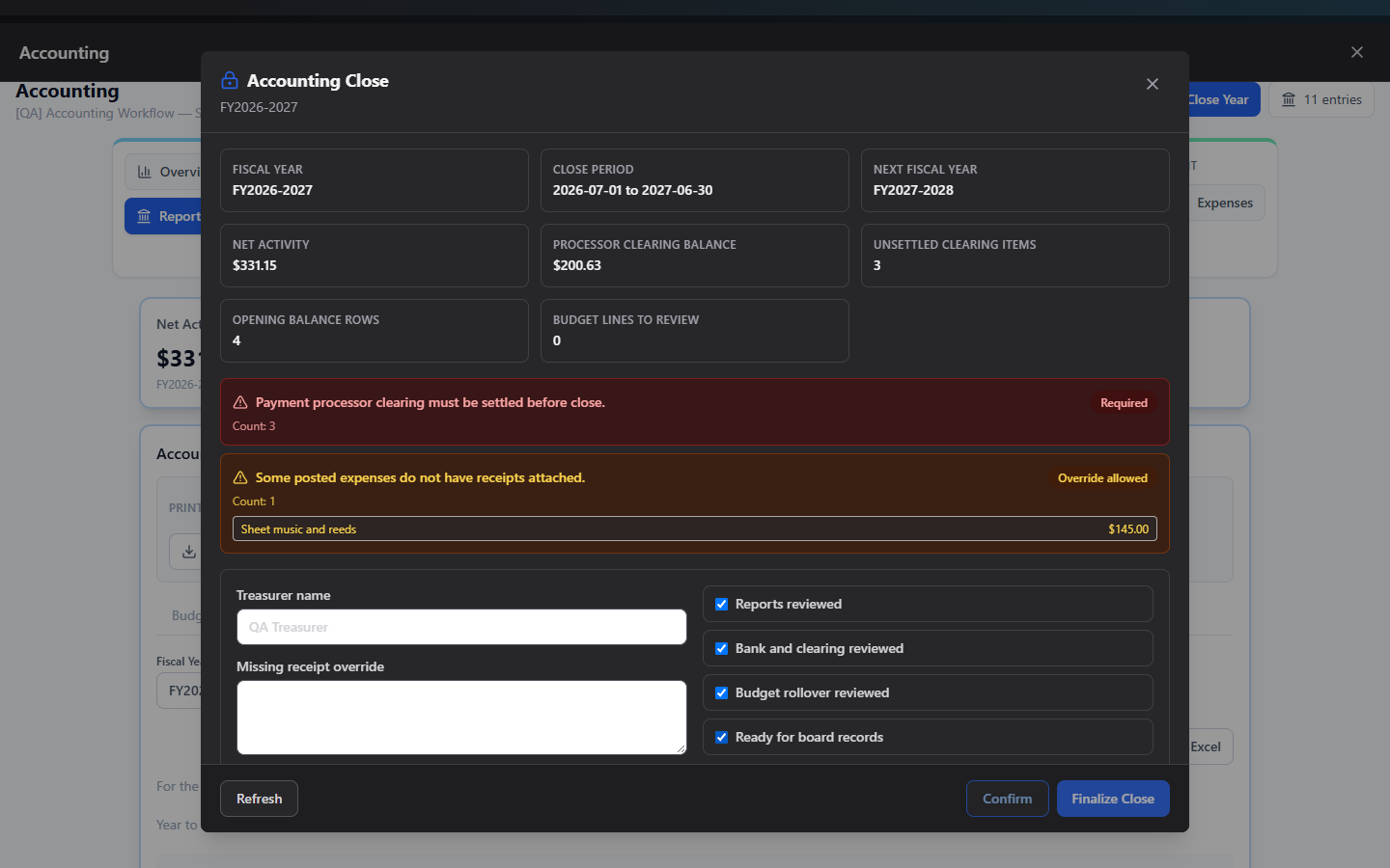 Screenshot: Close Year wizard showing the summary grid and acknowledgement checkboxes