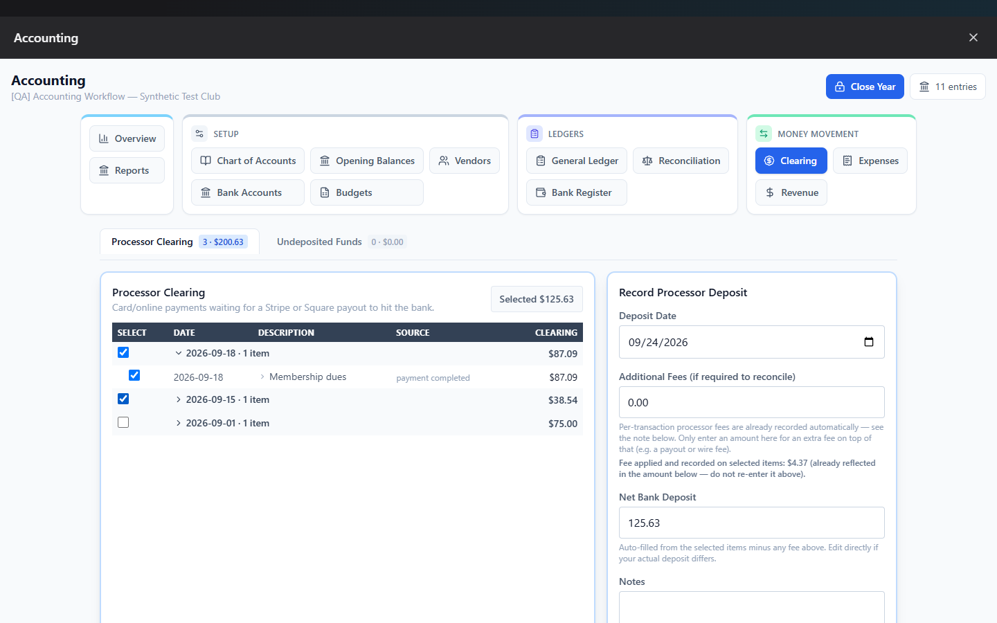 Screenshot: Clearing tab, Processor Clearing pool with a few unsettled items checked