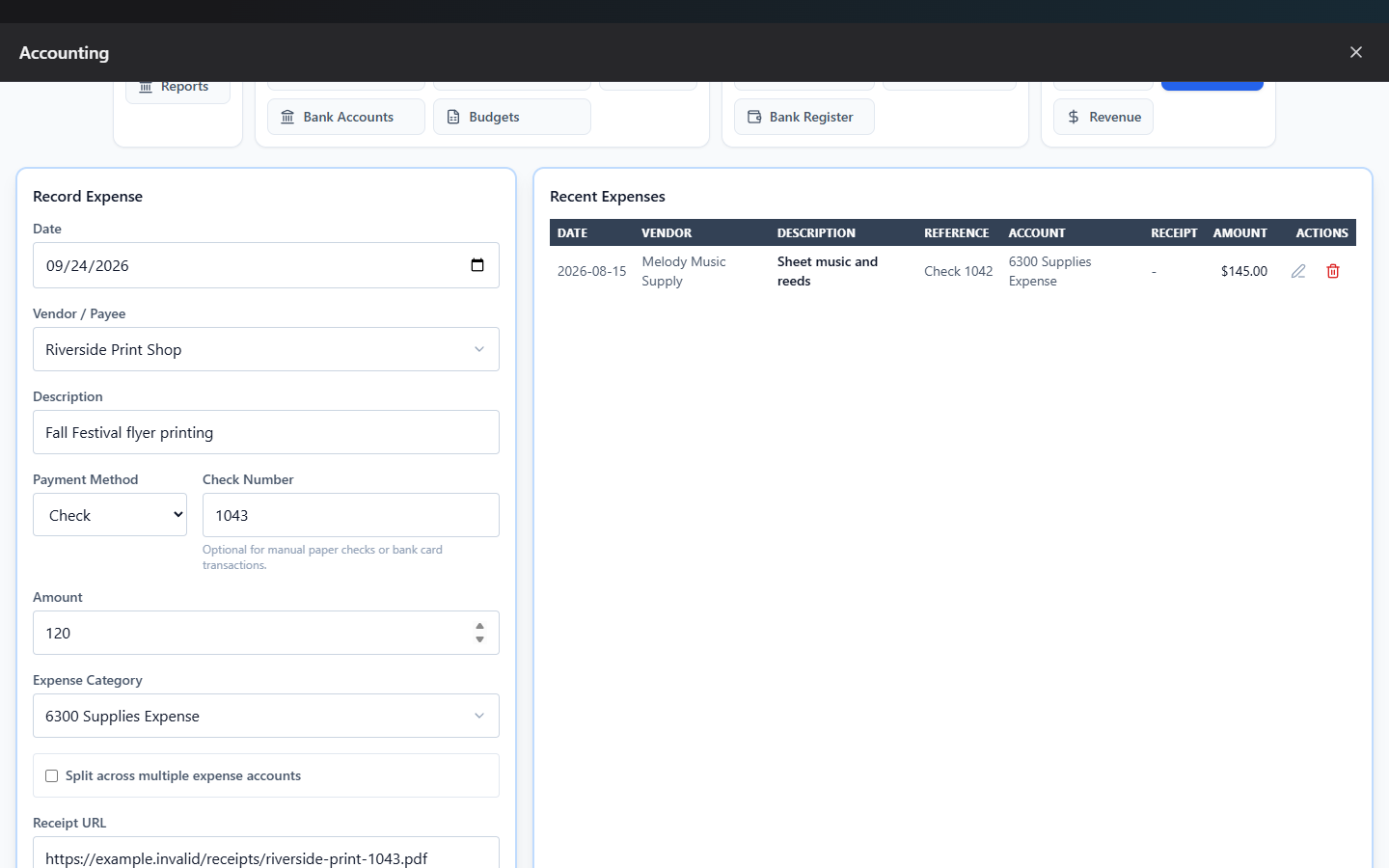 Screenshot: Expenses tab with the record-expense form and a vendor selected