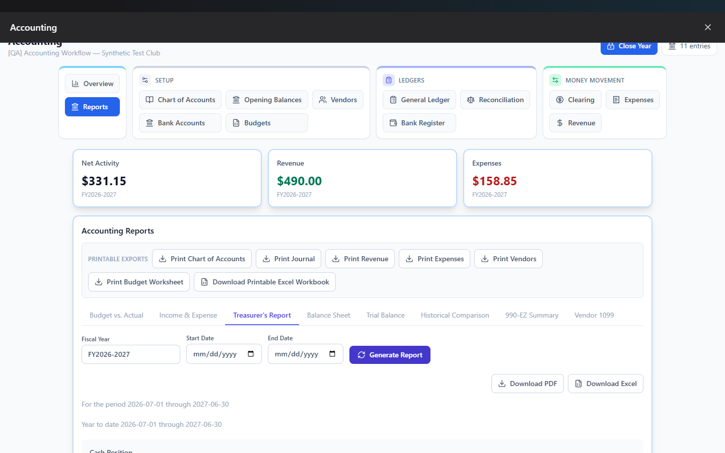 Screenshot: Reports tab with the Treasurer's Report generated and export buttons visible