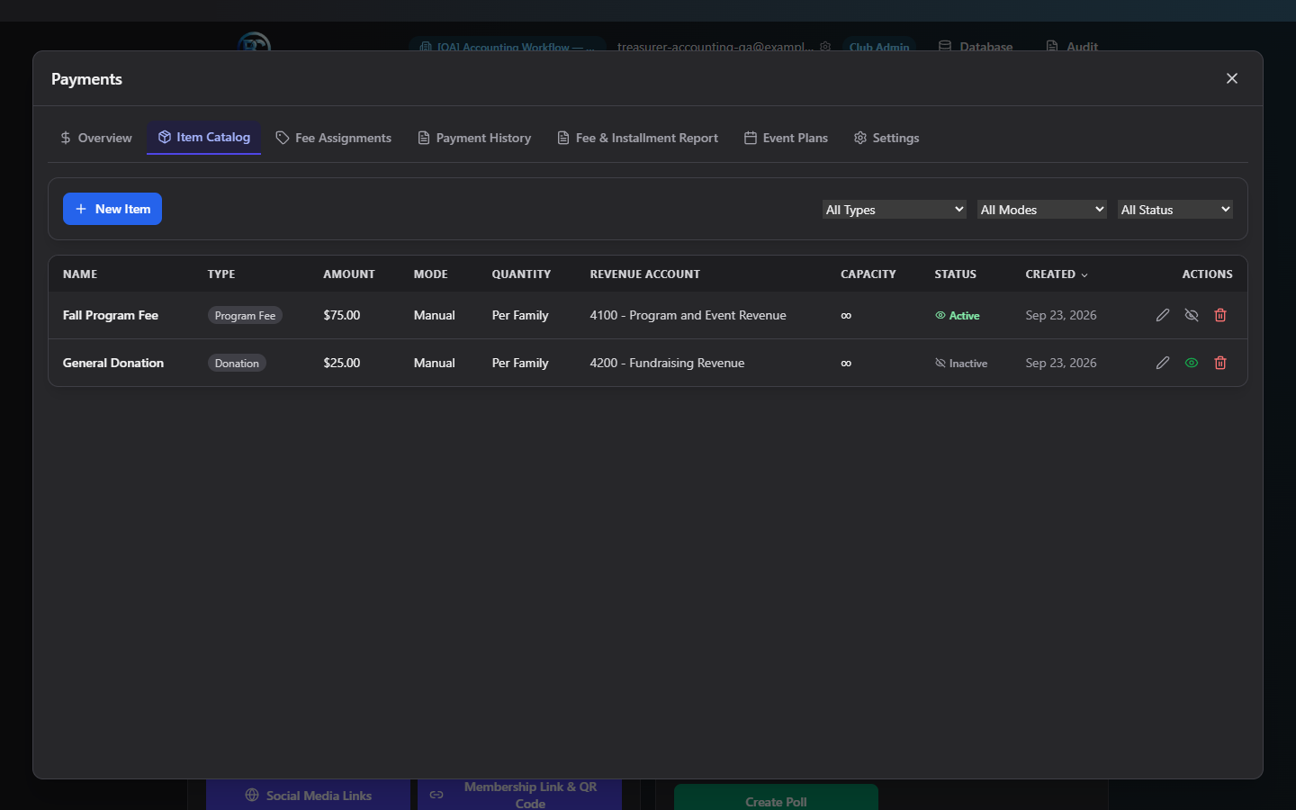 Screenshot: Item Catalog table with a few items of different types