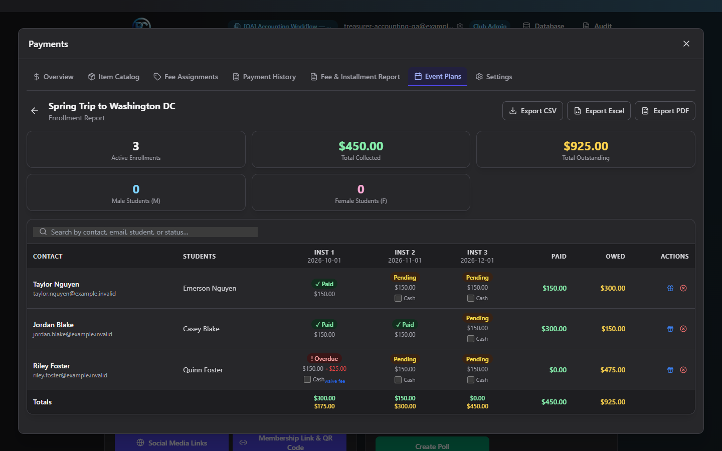 Screenshot: Event Enrollments Report grid with several installment columns