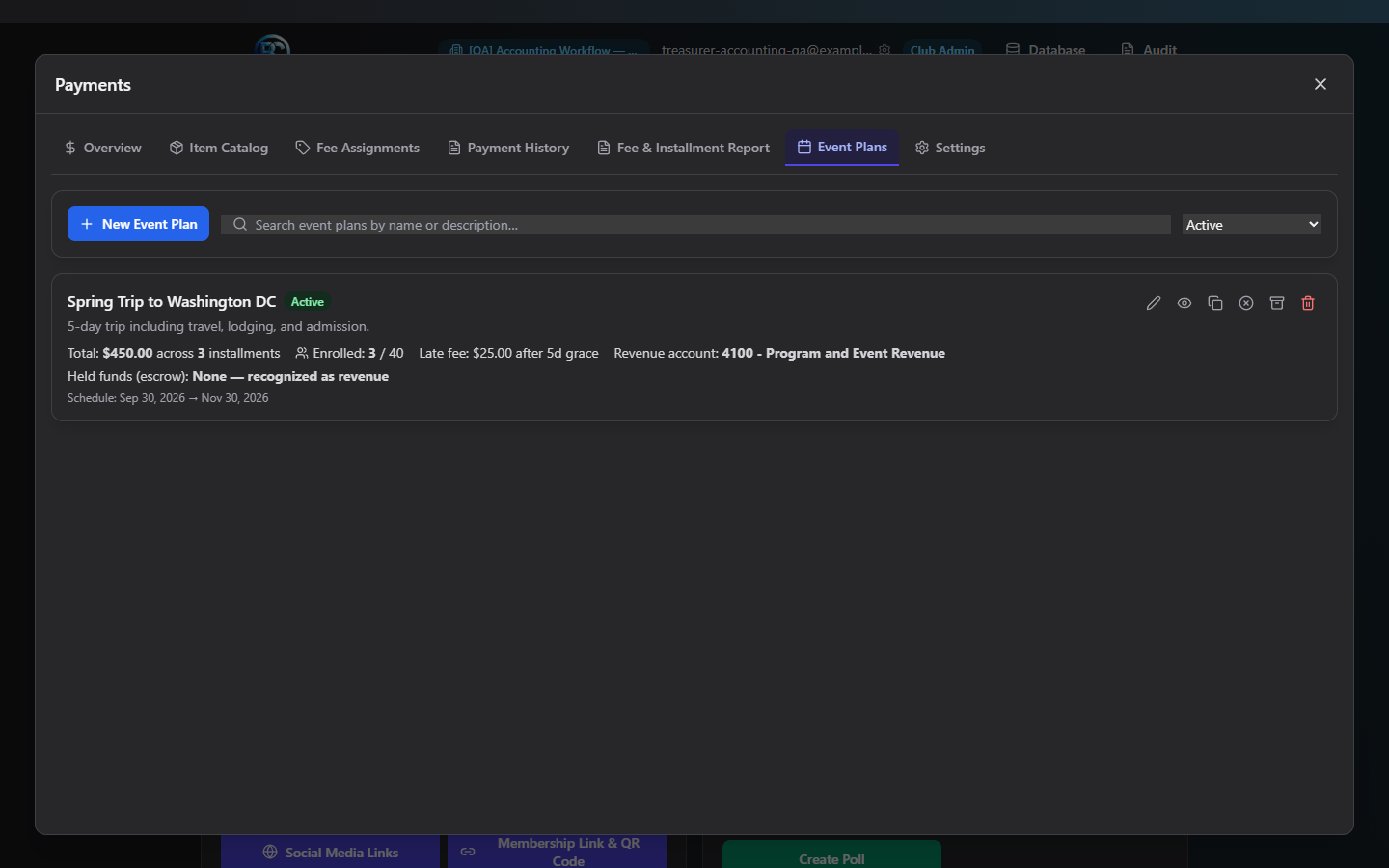 Screenshot: Event Plans list showing an active plan card with schedule and held-funds mode