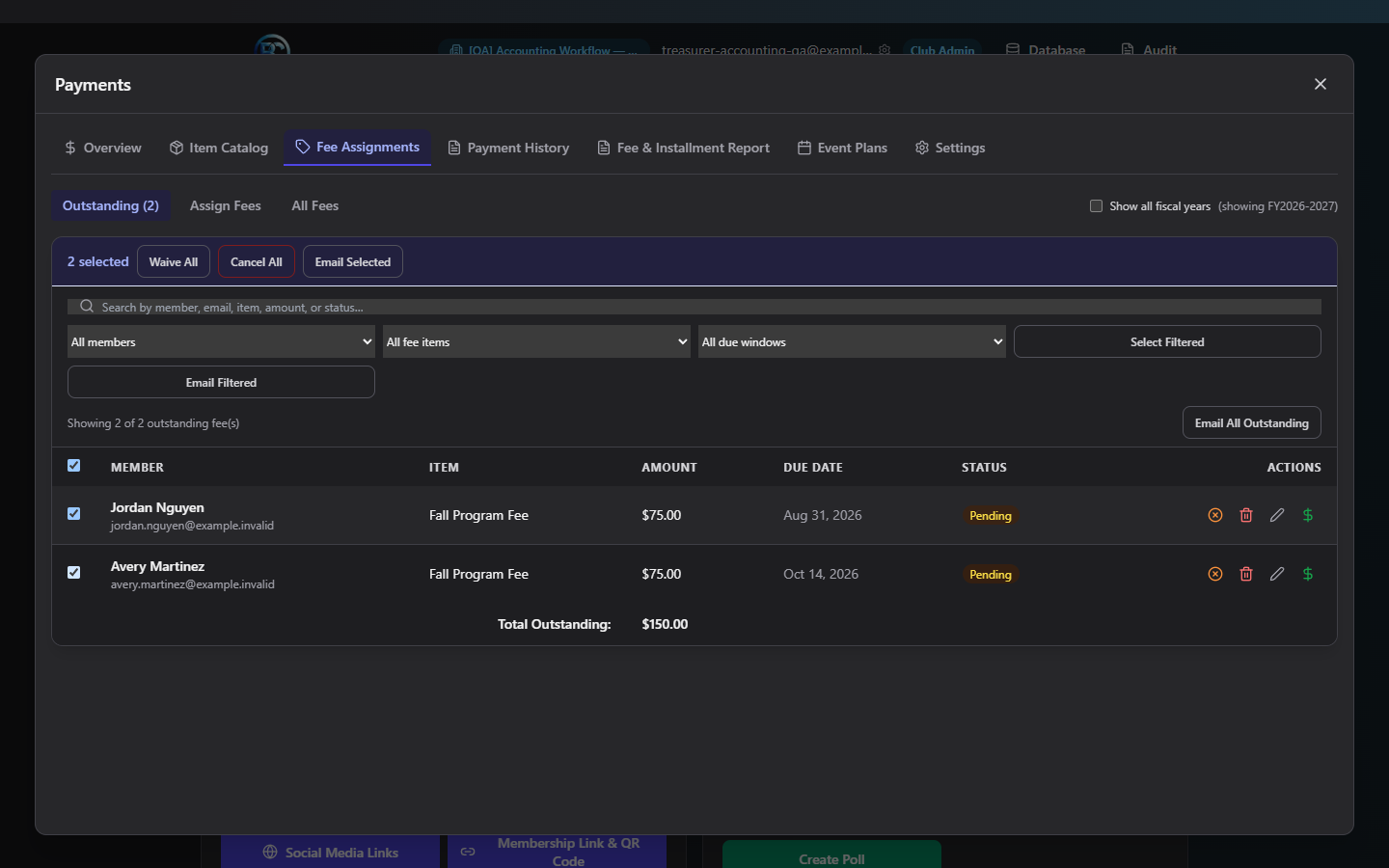 Screenshot: Fee Assignments — Outstanding sub-view with a few pending fees
