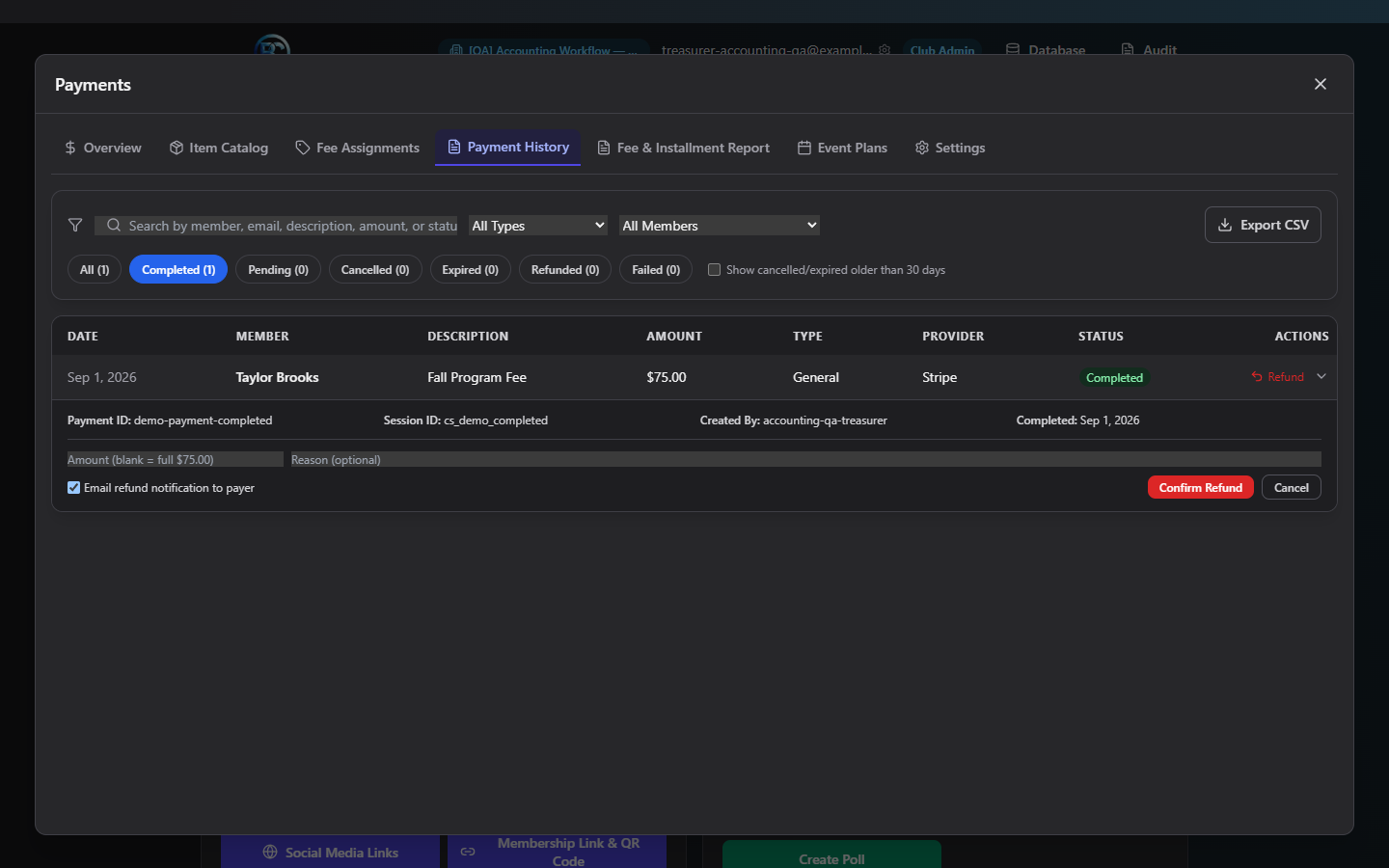 Screenshot: Payment History table with status tabs and an expanded row showing refund details