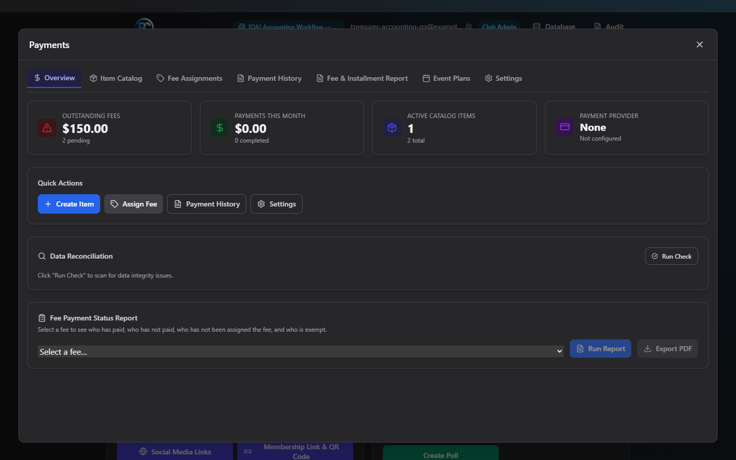 Screenshot: Payments Overview tab with the four summary tiles and Reconciliation card