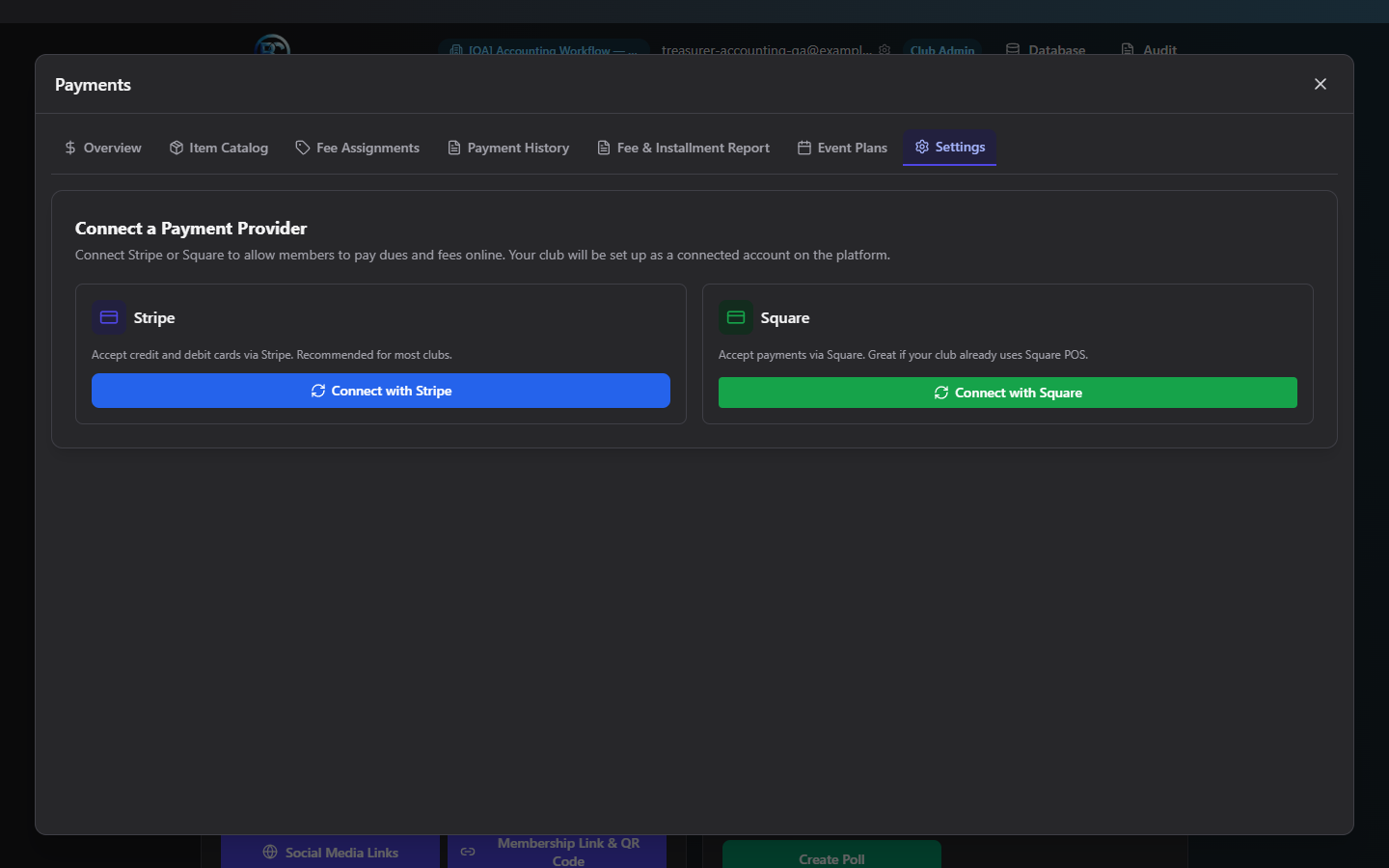 Screenshot: Payments Settings, Connect with Stripe / Connect with Square cards