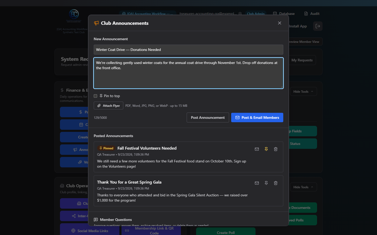 Screenshot: Announcements panel with the post form and a list of posted announcements