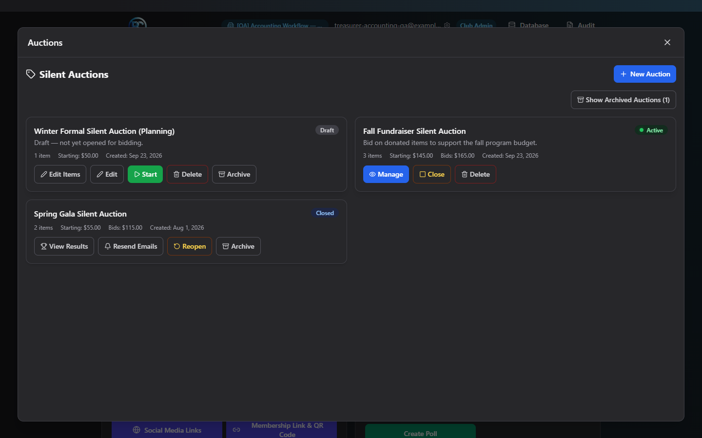 Screenshot: Auctions list view showing draft, active, and closed auctions