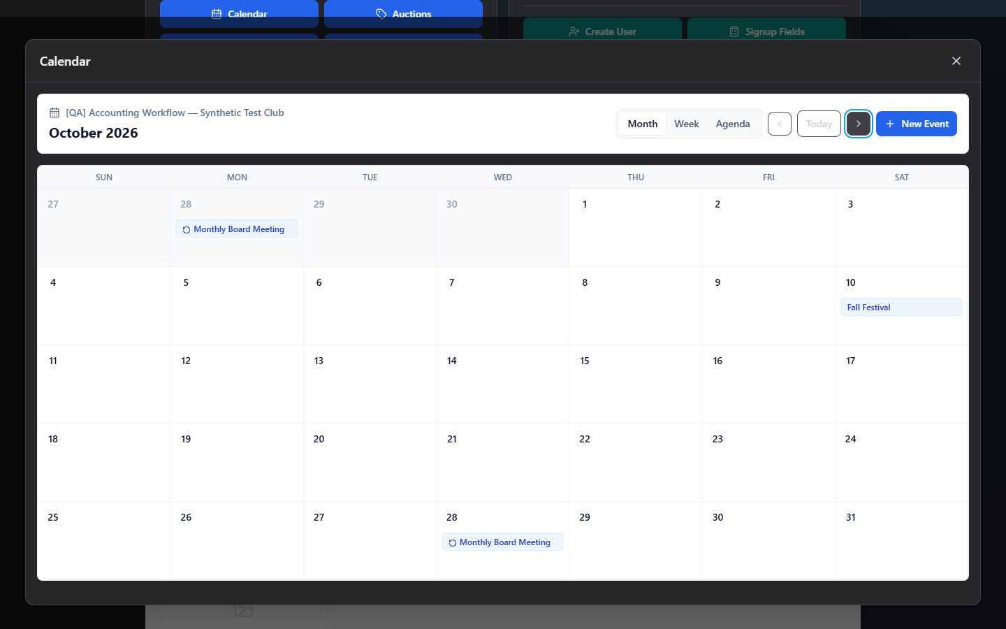 Screenshot: Calendar month view with a few events and the New Event button