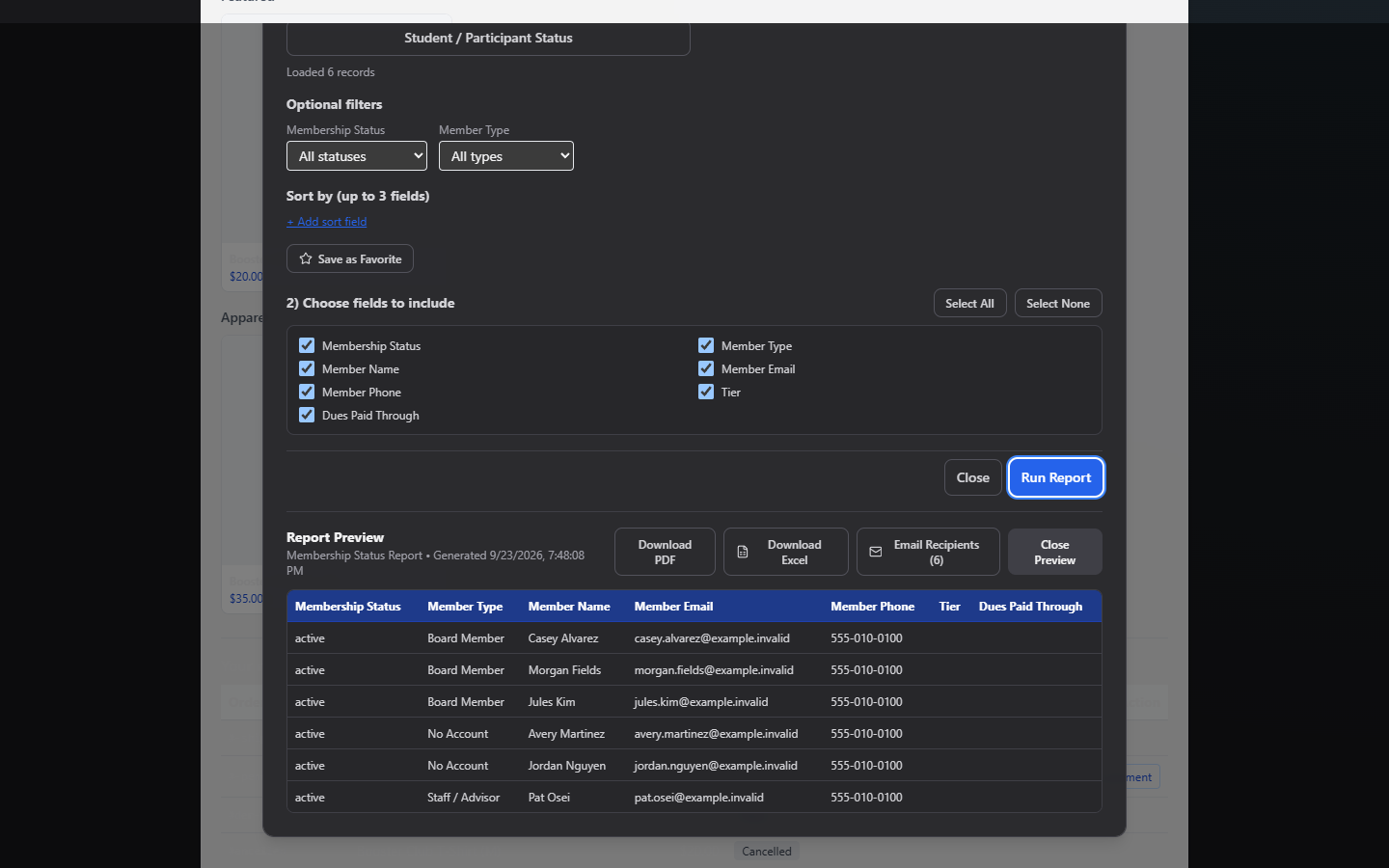Screenshot: Create Report modal with a category selected and a report preview showing