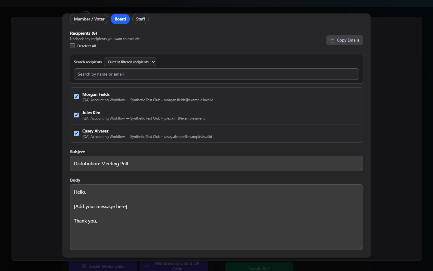 Screenshot: Distribution List Builder with a club selected, role filters, and a recipient checklist