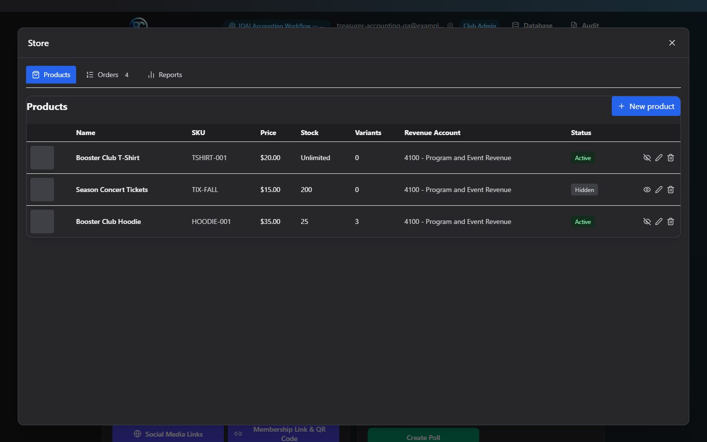 Screenshot: Store Products tab showing a list of products with status badges