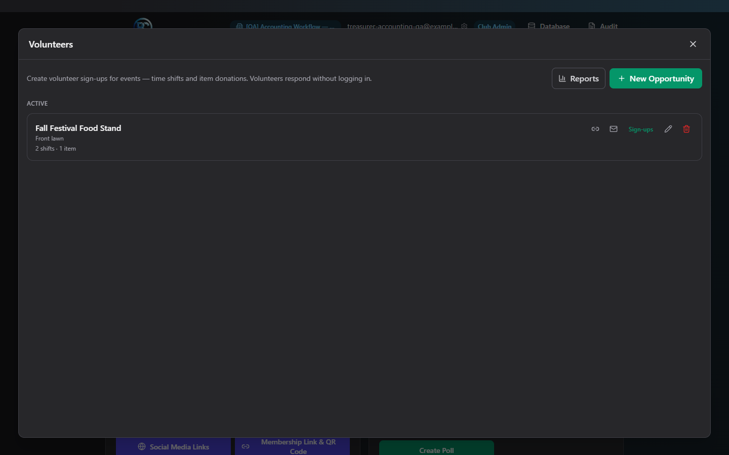 Screenshot: Volunteer Management list showing active opportunities