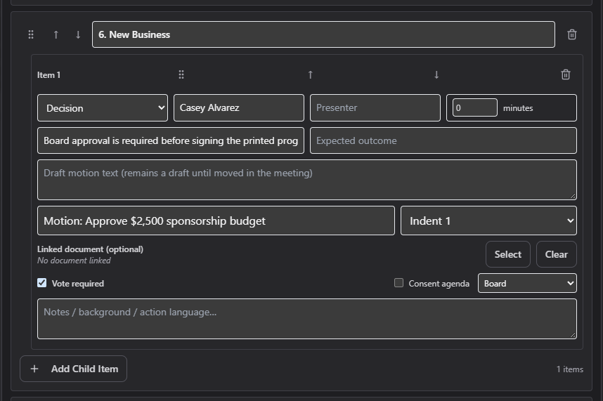 Screenshot: Agenda builder, "6. New Business" section expanded showing an item's purpose type, owner, and vote-required checkbox