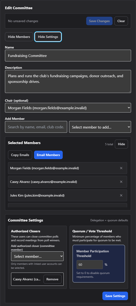 Screenshot: Committee editor form with name, description, chair, and member picker