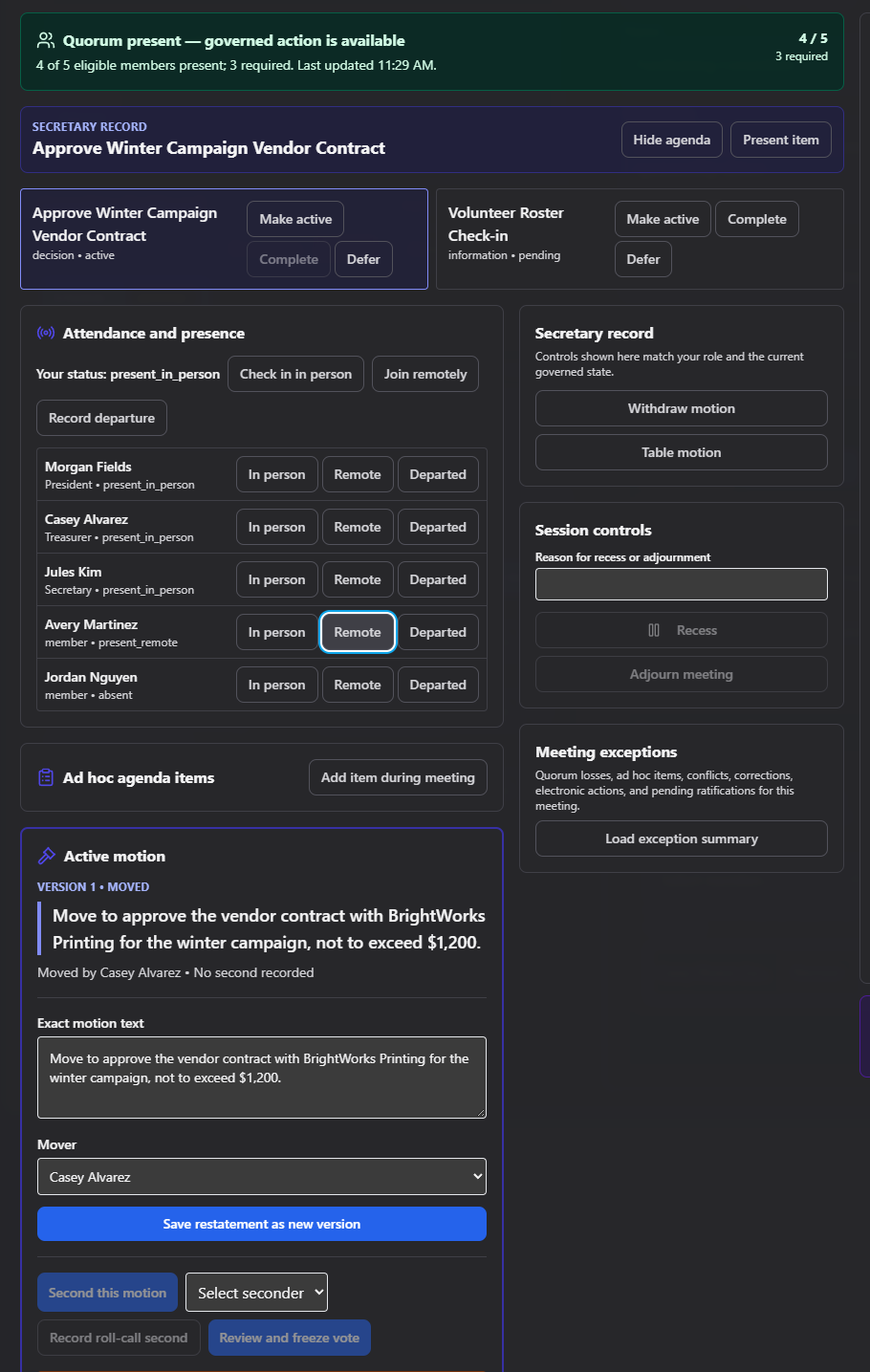 Screenshot: Live meeting workspace showing the quorum banner, attendance panel, and an active motion