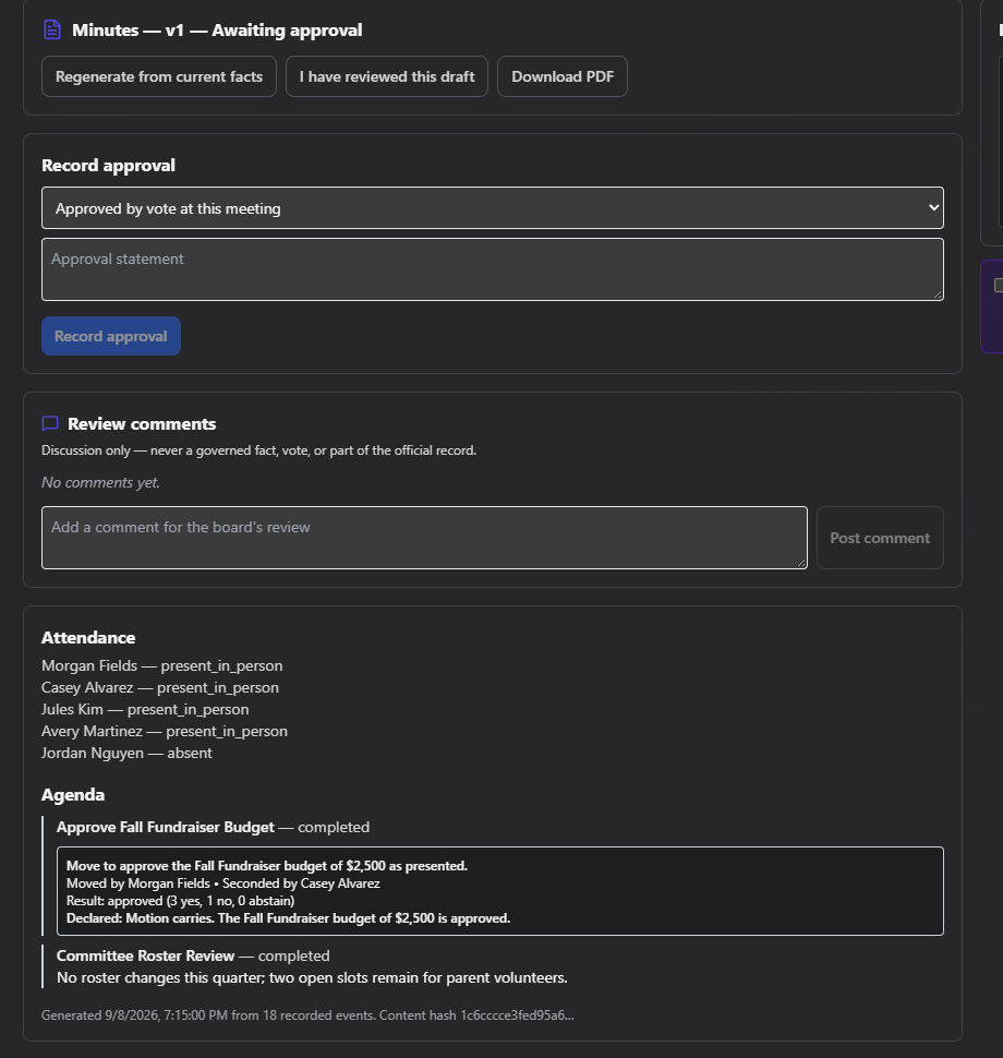 Screenshot: Minutes record panel showing a generated draft with the approval action buttons