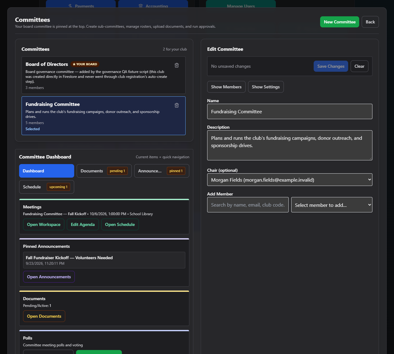 Screenshot: Committee picker with a committee selected showing the workspace tabs