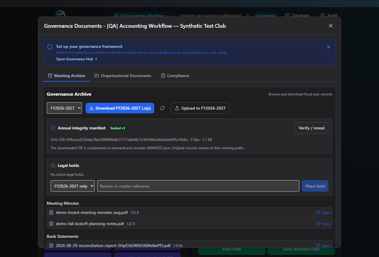 Screenshot: Meeting Archive tab with a fiscal year selected and file groups expanded