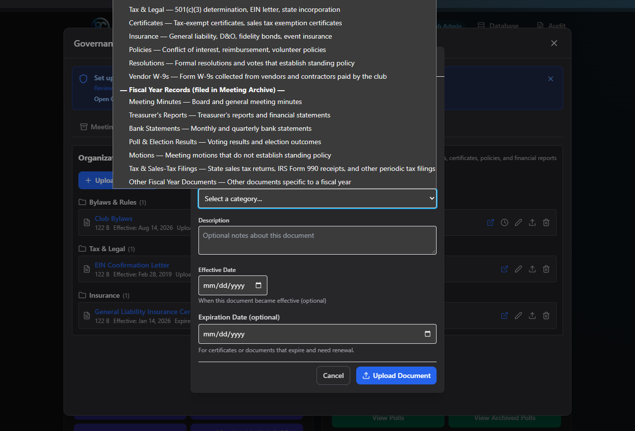 Screenshot: Organizational Documents tab with several categories and the upload modal open