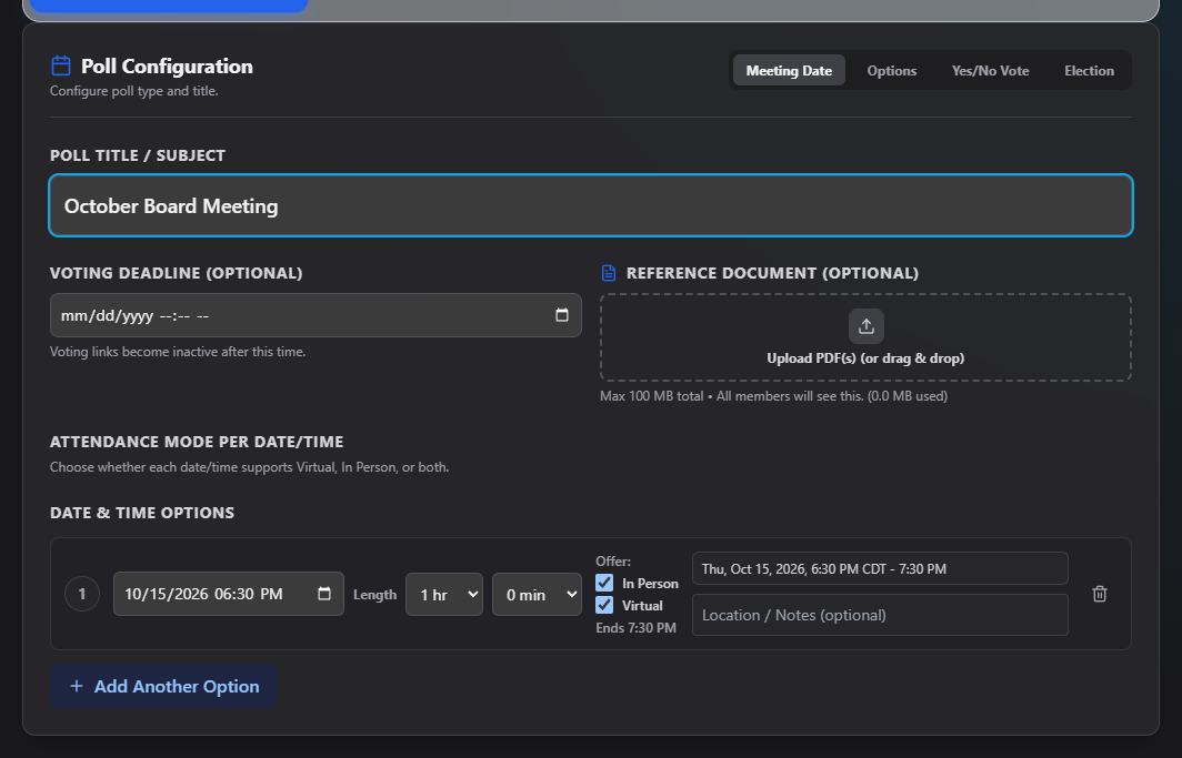 Screenshot: Setup tab of a new poll, Meeting Date type selected, one date option filled in