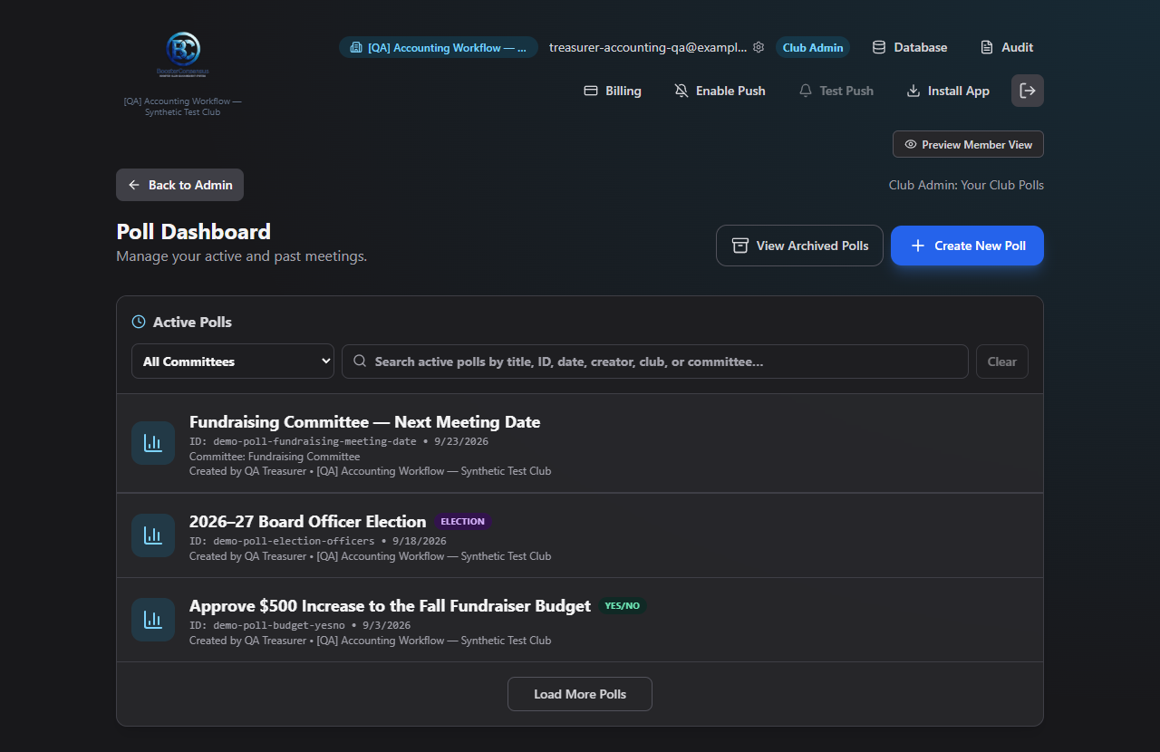 Screenshot: Poll Dashboard with a few active polls listed