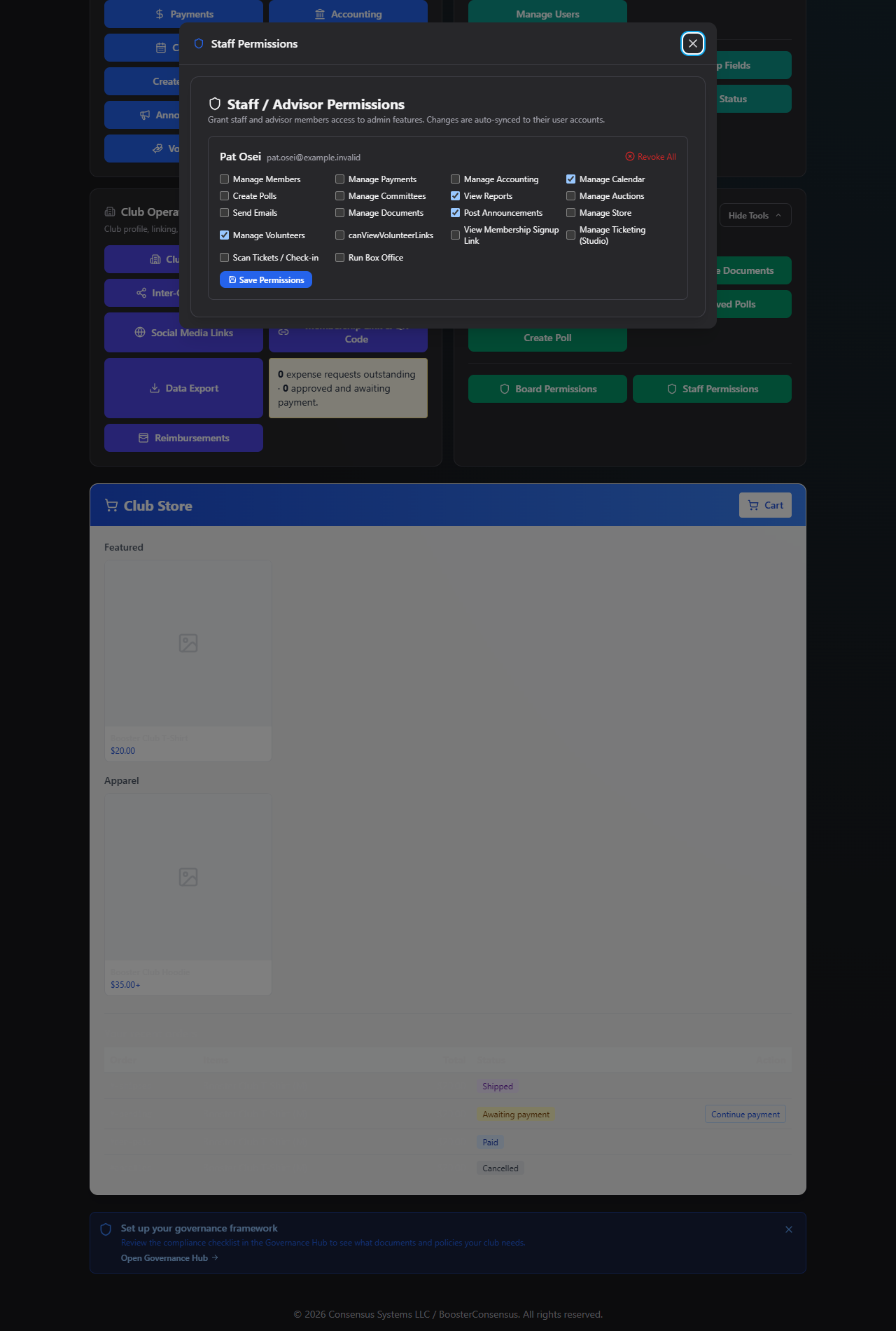Screenshot: Staff Permissions card showing a staff row with a few permissions checked and a Revoke All link