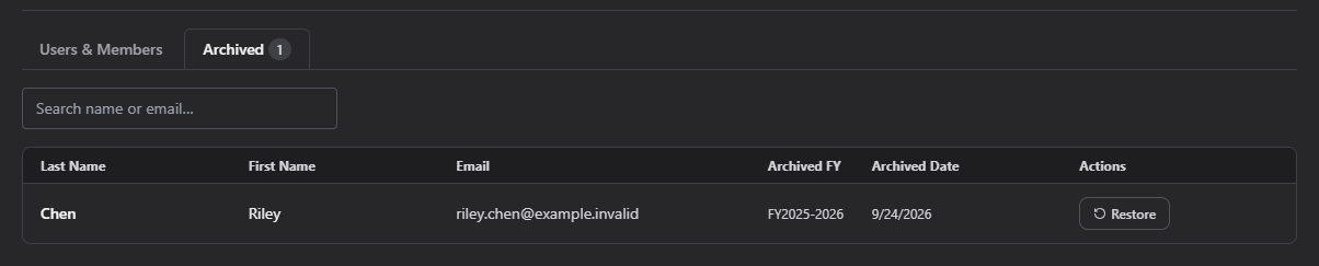 Screenshot: Archived tab showing a table of archived members with fiscal year and archived date