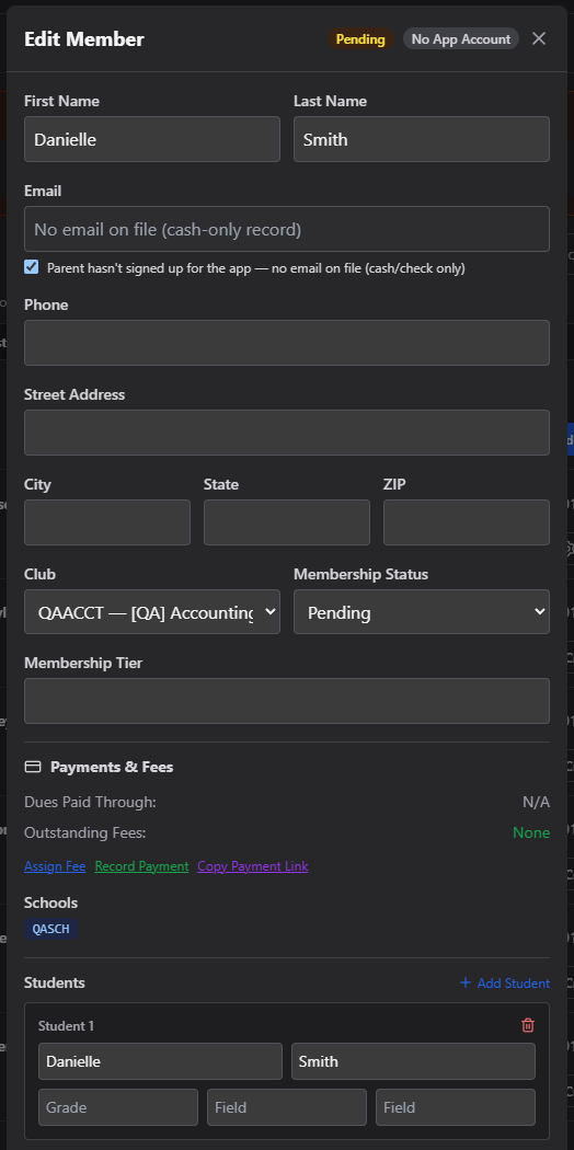 Screenshot: Edit Member modal for a cash-only record — the no-email checkbox checked, Email field disabled, and the student's name already in the Students list