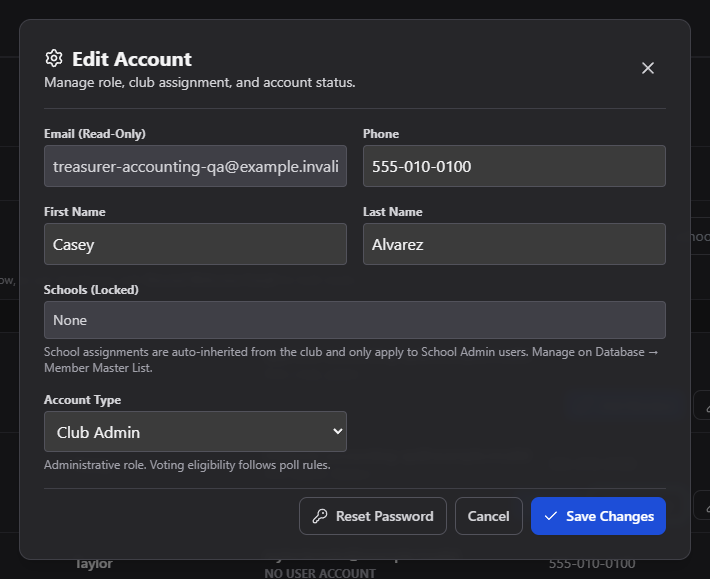 Screenshot: Edit Account modal with Account Type, phone, and locked schools fields