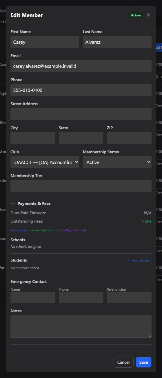 Screenshot: Edit Member modal with contact info, membership status, payments, students, and emergency contact