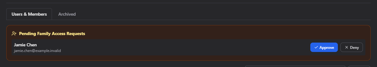 Screenshot: Family Access Requests banner with a pending co-parent request to approve or deny