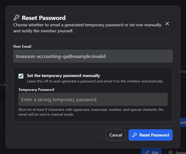 Screenshot: Reset Password modal with the emailed and manual options