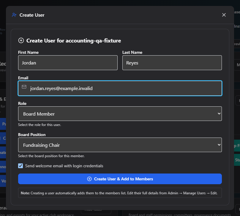 Screenshot: Create User form with name, email, role, and board position fields filled in