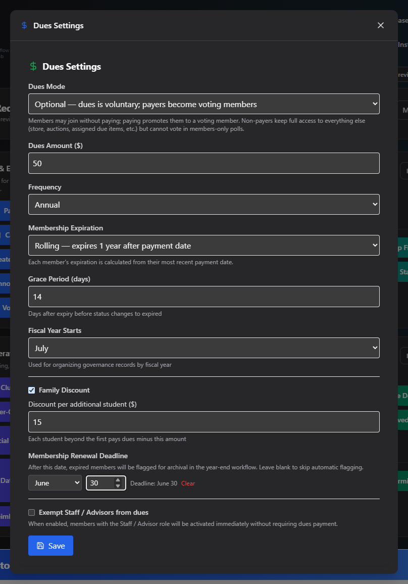 Screenshot: Dues Settings form with Dues Mode, amount/frequency, and expiration settings filled in