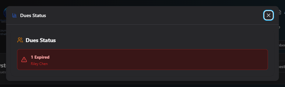 Screenshot: Dues Status panel showing an Expired member
